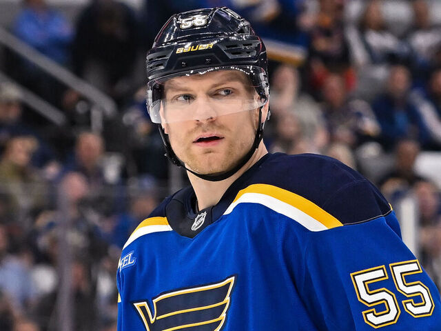 ST. LOUIS, MO - APRIL 24: St. Louis Blues defenseman Colton Parayko (55) during the Stanley Cup Playoffs round one game three where the St. Louis Blues hosted the Winnipeg Jets on Thursday April 24, 2025, at the Enterprise Center in St. Louis MO