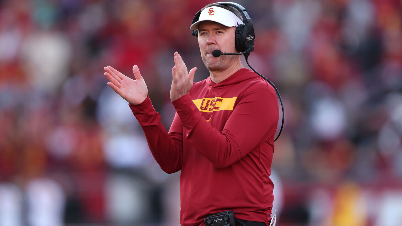 LOS ANGELES, CALIFORNIA - NOVEMBER 16: Head Coach Lincoln Riley of the USC Trojans looks on during the second half of a game against the Nebraska Cornhuskers at United Airlines Field at the Los Angeles Memorial Coliseum on November 16, 2024 in Los Angeles, California.