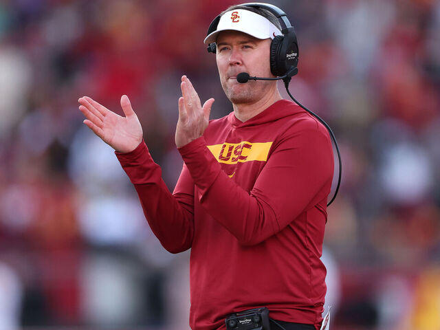LOS ANGELES, CALIFORNIA - NOVEMBER 16: Head Coach Lincoln Riley of the USC Trojans looks on during the second half of a game against the Nebraska Cornhuskers at United Airlines Field at the Los Angeles Memorial Coliseum on November 16, 2024 in Los Angeles, California.