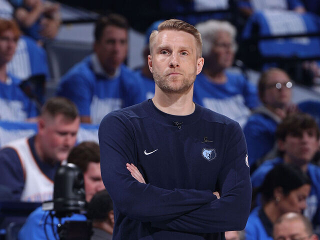 OKLAHOMA CITY, OK - APRIL 22: Head Coach Tuomas Iisalo of the Memphis Grizzlies looks on during the game against the Oklahoma City Thunder during Round 1 Game 2 of the 2025 NBA Playoffs on April 22, 2025 at Paycom Center in Oklahoma City, Oklahoma. Mandatory Copyright Notice: Copyright 2025 NBAE