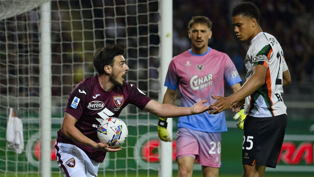 TURIN, ITALY - MAY 2: Eljif Elmas of Torino FC reacts after fouled of penalty kick by Joel Schingtienne of Venezia FC during the Serie A match between Torino and Venezia at Stadio Olimpico di Torino on May 2, 2025 in Turin, Italy.