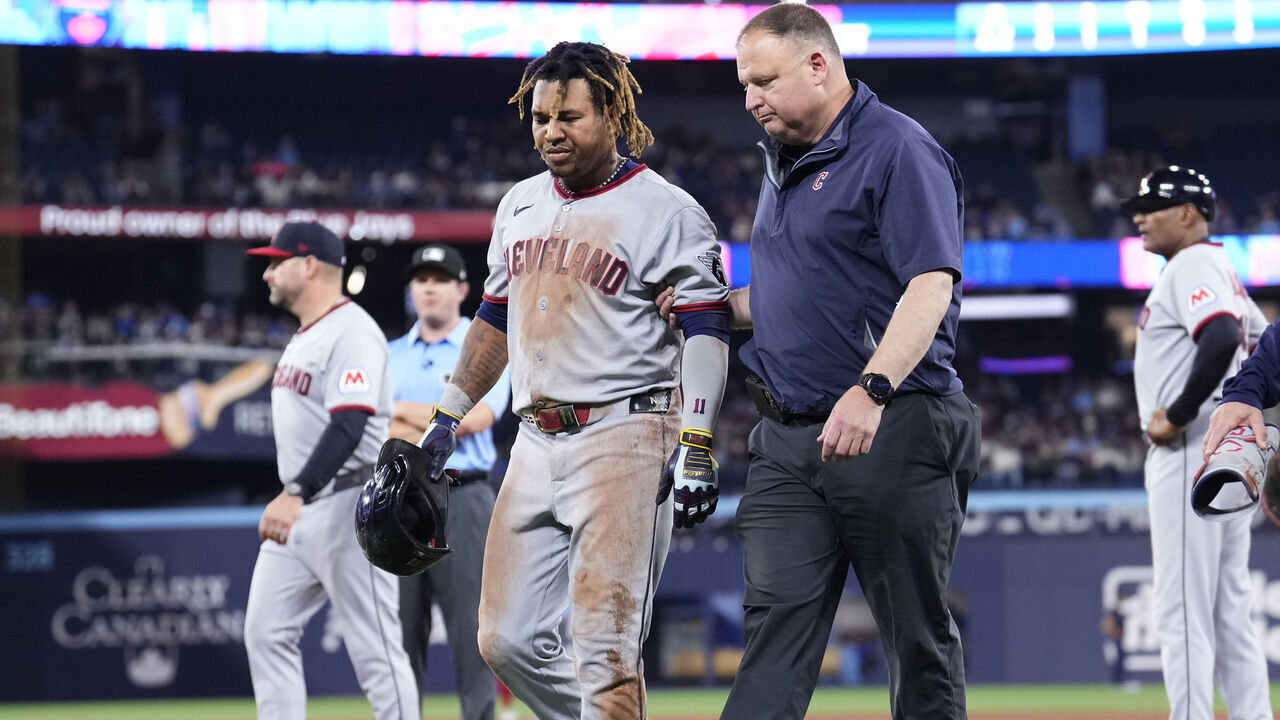TORONTO, ON - MAY 2: Jose Ramirez #11 of the Cleveland Guardians leaves the game with an injury against the Toronto Blue Jays during the third inning in their MLB game at the Rogers Centre on May 2, 2025 in Toronto, Ontario, Canada.