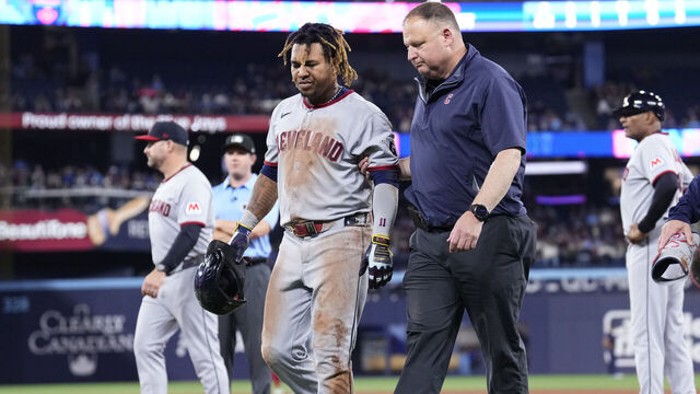 TORONTO, ON - MAY 2: Jose Ramirez #11 of the Cleveland Guardians leaves the game with an injury against the Toronto Blue Jays during the third inning in their MLB game at the Rogers Centre on May 2, 2025 in Toronto, Ontario, Canada.
