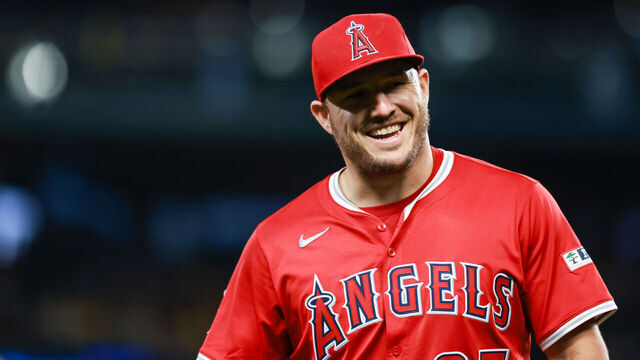 SEATTLE, WA - APRIL 29: Mike Trout #27 of the Los Angeles Angels smiles during the game between the Los Angeles Angels and the Seattle Mariners at T-Mobile Park on Tuesday, April 29, 2025 in Seattle, Washington.