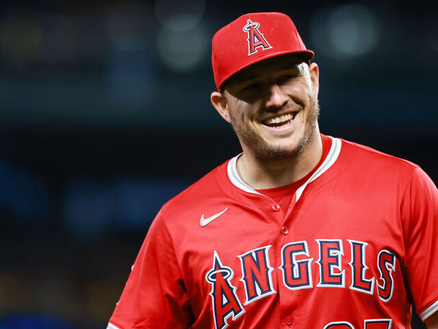 SEATTLE, WA - APRIL 29: Mike Trout #27 of the Los Angeles Angels smiles during the game between the Los Angeles Angels and the Seattle Mariners at T-Mobile Park on Tuesday, April 29, 2025 in Seattle, Washington.