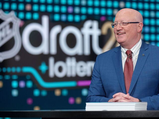 SECAUCUS, NEW JERSEY - MAY 07: National Hockey League Deputy Commissioner Bill Daly looks on during the 2024 NHL Draft Lottery at NHL Network Studio on May 07, 2024 in Secaucus, New Jersey.