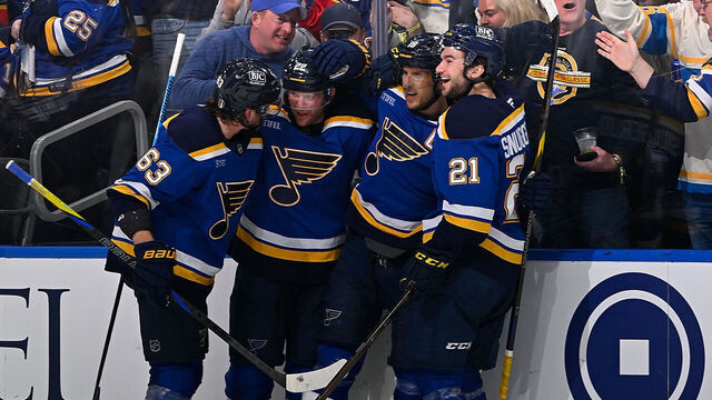 ST. LOUIS, MO - MAY 2: Brayden Schenn #10 of the St. Louis Blues is congratulated after scoring a goal against the Winnipeg Jets pressures in the second period of Game Six of the First Round of the 2025 Stanley Cup Playoffs on May 2, 2025 at the Enterprise Center in St. Louis, Missouri.