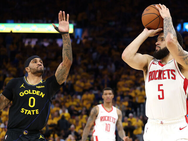 SAN FRANCISCO, CALIFORNIA - MAY 02: Fred VanVleet #5 of the Houston Rockets shoots the ball against Gary Payton II #0 of the Golden State Warriors during the fourth quarter in Game Six of the Western Conference First Round NBA Playoffs at Chase Center on May 02, 2025 in San Francisco, California.