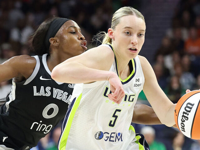 SOUTH BEND, IN - MAY 2: Paige Bueckers #5 of the Dallas Wings handles the ball during the game against the Las Vegas Aces during the WNBA Preseason Game on May 2, 2025 at Purcell Pavilion at the Joyce Center in South Bend, Indiana. Mandatory Copyright Notice: Copyright 2025 NBAE