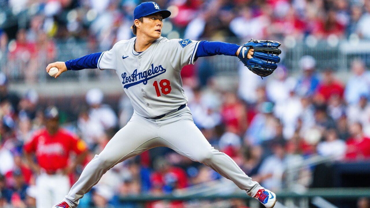 ATLANTA, GA - MAY 02: Yoshinobu Yamamoto #18 of the Los Angeles Dodgers pitches in the first inning against the Atlanta Braves at Truist Park on May 2, 2025 in Atlanta, Georgia.