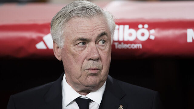 Real Madrid coach Carlo Ancelotti is present during the 2024/25 Copa del Rey final match between Real Madrid and Barcelona at Cartuja Stadium in Sevilla, Spain, on April 26.