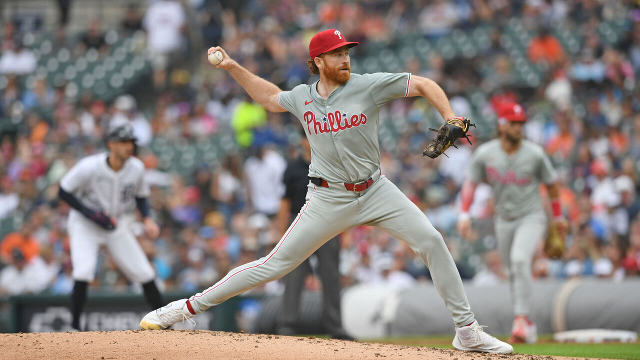 DETROIT, MICHIGAN - JUNE 26, 2024: Spencer Turnbull #22 of the Philadelphia Phillies throws a pitch during the third inning against the Detroit Tigers at Comerica Park on June 26, 2024 in Detroit, Michigan.