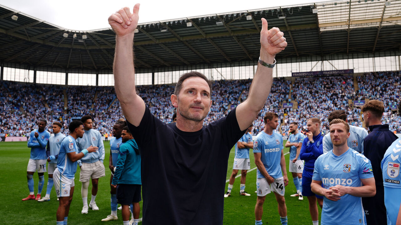 Coventry City head coach Frank Lampard celebrates after the Sky Bet Championship match at the Coventry Building Society Arena. Picture date: Saturday May 3, 2025.
