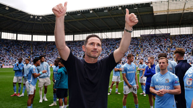Coventry City head coach Frank Lampard celebrates after the Sky Bet Championship match at the Coventry Building Society Arena. Picture date: Saturday May 3, 2025.