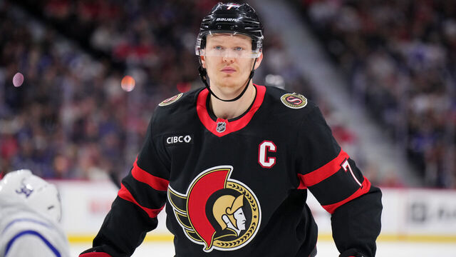 OTTAWA, CANADA - APRIL 26: Brady Tkachuk #7 of the Ottawa Senators looks on against the Toronto Maple Leafs in Game Four of the First Round of the 2025 Stanley Cup Playoffs at Canadian Tire Centre on April 26, 2025 in Ottawa, Ontario, Canada.