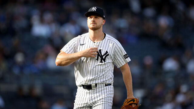 NEW YORK, NEW YORK - APRIL 27: Clarke Schmidt #36 of the New York Yankees looks on in the first inning against the Toronto Blue Jays during game two of a doubleheader at Yankee Stadium on April 27, 2025 in New York City. The Yankees defeated the Blue Jays 5-1.