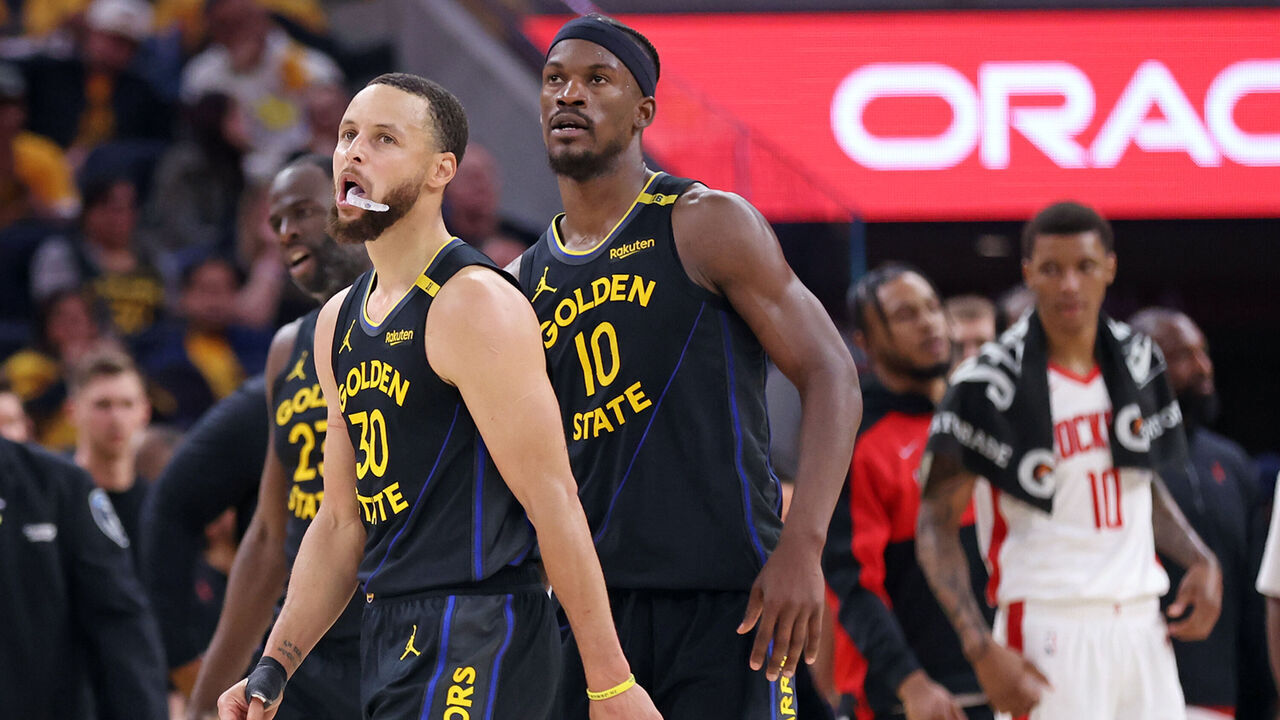 Golden State Warriors' Stephen Curry, Draymond Green and Jimmy Butler III head to the bench in 4th quarter of Dubs' 115-107 loss to Houston Rockets in NBA Playoffs' First Round Game 6 at Chase Center in San Francisco on Monday, May 2, 2025.