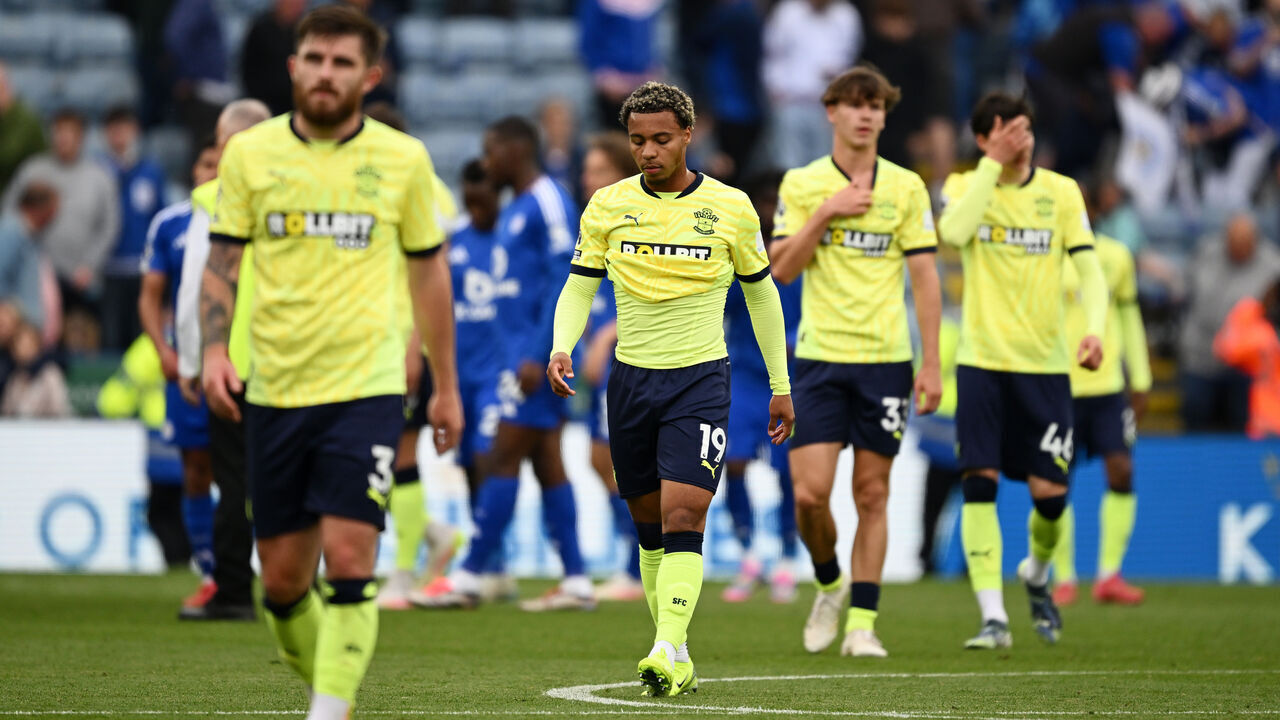 LEICESTER, ENGLAND - MAY 03: Ryan Manning, Cameron Archer, Tyler Dibling and Jay Robinson of Southampton look dejected after the team's 2-0 defeat following the Premier League match between Leicester City FC and Southampton FC at The King Power Stadium on May 03, 2025 in Leicester, England.