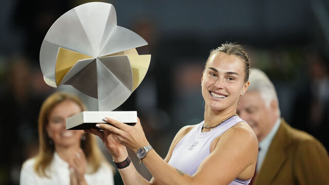 Aryna Sabalenka lifts the trophy after winning the Women's Singles Final match between Aryna Sabalenka of Belarus and Coco Gauff of USA on Day Twelve of the Mutua Madrid Open 2025, ATP Masters 1000 and WTA 1000, tournament celebrates at La Caja Magica on May 03, 2025 in Madrid, Spain.
