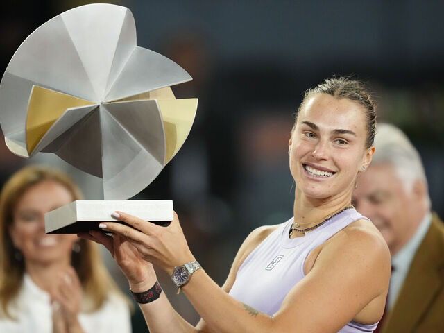 Aryna Sabalenka lifts the trophy after winning the Women's Singles Final match between Aryna Sabalenka of Belarus and Coco Gauff of USA on Day Twelve of the Mutua Madrid Open 2025, ATP Masters 1000 and WTA 1000, tournament celebrates at La Caja Magica on May 03, 2025 in Madrid, Spain.