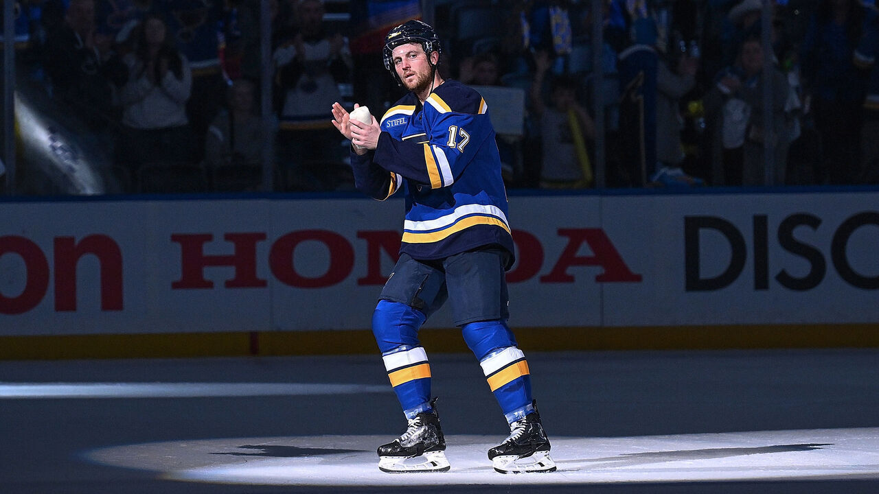 ST. LOUIS, MO - APRIL 24: Cam Fowler #17 of the St. Louis Blues acknowledges fans after being named the third star of the game after beating the Winnipeg Jets in Game Three of the First Round of the 2025 Stanley Cup Playoffs on April 24, 2025 at the Enterprise Center in St. Louis, Missouri.