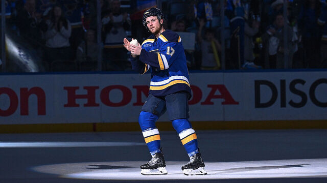 ST. LOUIS, MO - APRIL 24: Cam Fowler #17 of the St. Louis Blues acknowledges fans after being named the third star of the game after beating the Winnipeg Jets in Game Three of the First Round of the 2025 Stanley Cup Playoffs on April 24, 2025 at the Enterprise Center in St. Louis, Missouri.