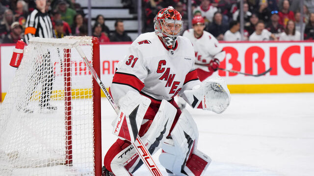 OTTAWA, CANADA - APRIL 17: Frederik Andersen #31 of the Carolina Hurricanes tends net against the Ottawa Senators at Canadian Tire Centre on April 17, 2025 in Ottawa, Ontario, Canada.