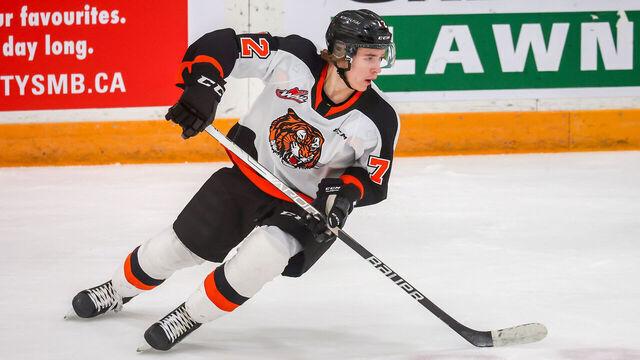 WINNIPEG, CANADA - APRIL 01: Gavin McKenna #72 of the Medicine Hat Tigers plays the puck during third period action against the Winnipeg ICE in Game Two of the First Round of the 2023 WHL Playoffs at Wayne Fleming Arena on April 01, 2023 in Winnipeg, Manitoba, Canada.