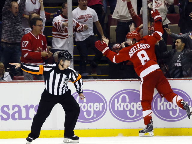 PHOTO: Abdelkader steps on Miller's stick as Red Wings open scoring