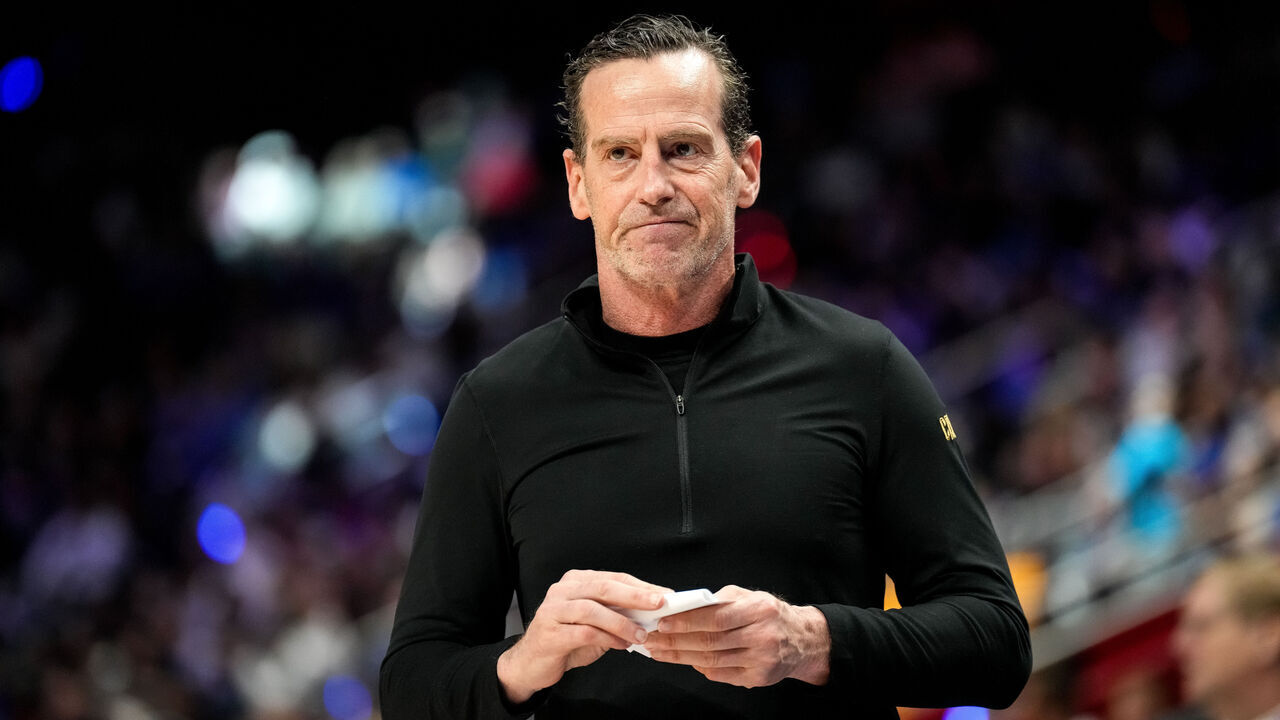 DETROIT, MICHIGAN - MARCH 28: Head coach Kenny Atkinson of the Cleveland Cavaliers looks on against the Detroit Pistons at Little Caesars Arena on March 28, 2025 in Detroit, Michigan.