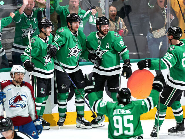 DALLAS, TEXAS - MAY 03: Mikko Rantanen #96 of the Dallas Stars is congratulated by his teammates after scoring the game-tying goal against the Colorado Avalanche during the third period in Game Seven of the First Round of the 2025 Stanley Cup Playoffs at American Airlines Center on May 03, 2025 in Dallas, Texas.