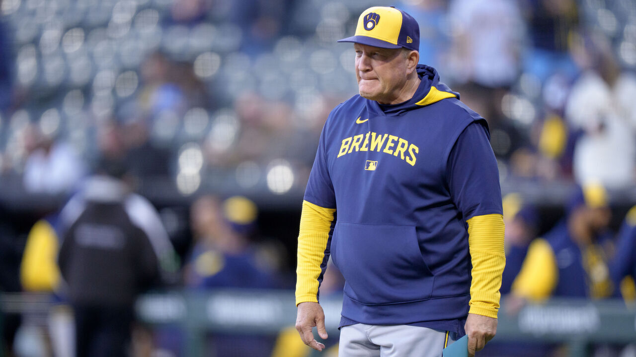 CHICAGO, ILLINOIS - APRIL 29: Pat Murphy #49 of the Milwaukee Brewers walks out to exchange line ups before a game against the Chicago White Sox at Rate Field on April 29, 2025 in Chicago, Illinois.
