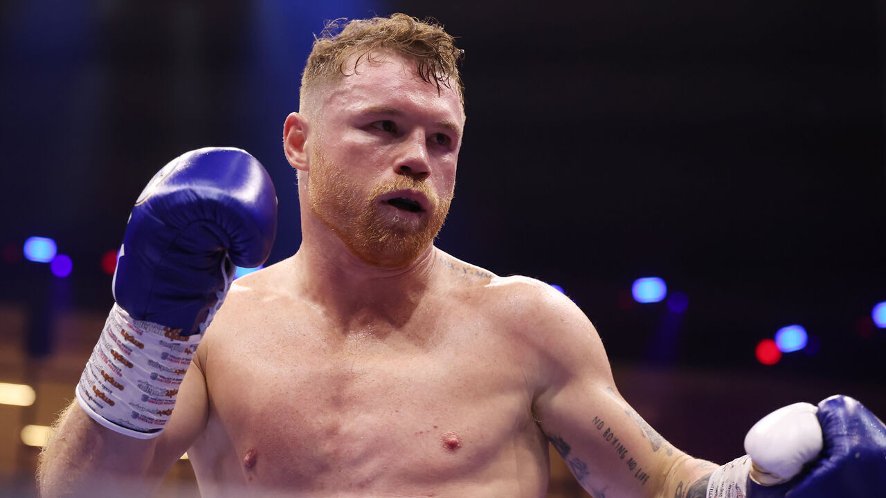 RIYADH, SAUDI ARABIA - MAY 03: Saul "Canelo" Alvarez looks on during super middleweight fight against William Scull on the Fatal Fury City of Wolves card at ANB Arena on May 03, 2025 in Riyadh, Saudi Arabia.