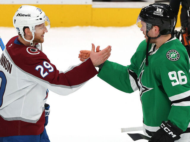DALLAS, TEXAS - MAY 03: Nathan MacKinnon #29 of the Colorado Avalanche and Mikko Rantanen #96 of the Dallas Stars shakes hands after the Stars 4-2 win in Game Seven of the First Round of the 2025 Stanley Cup Playoffs at American Airlines Center on May 03, 2025 in Dallas, Texas.