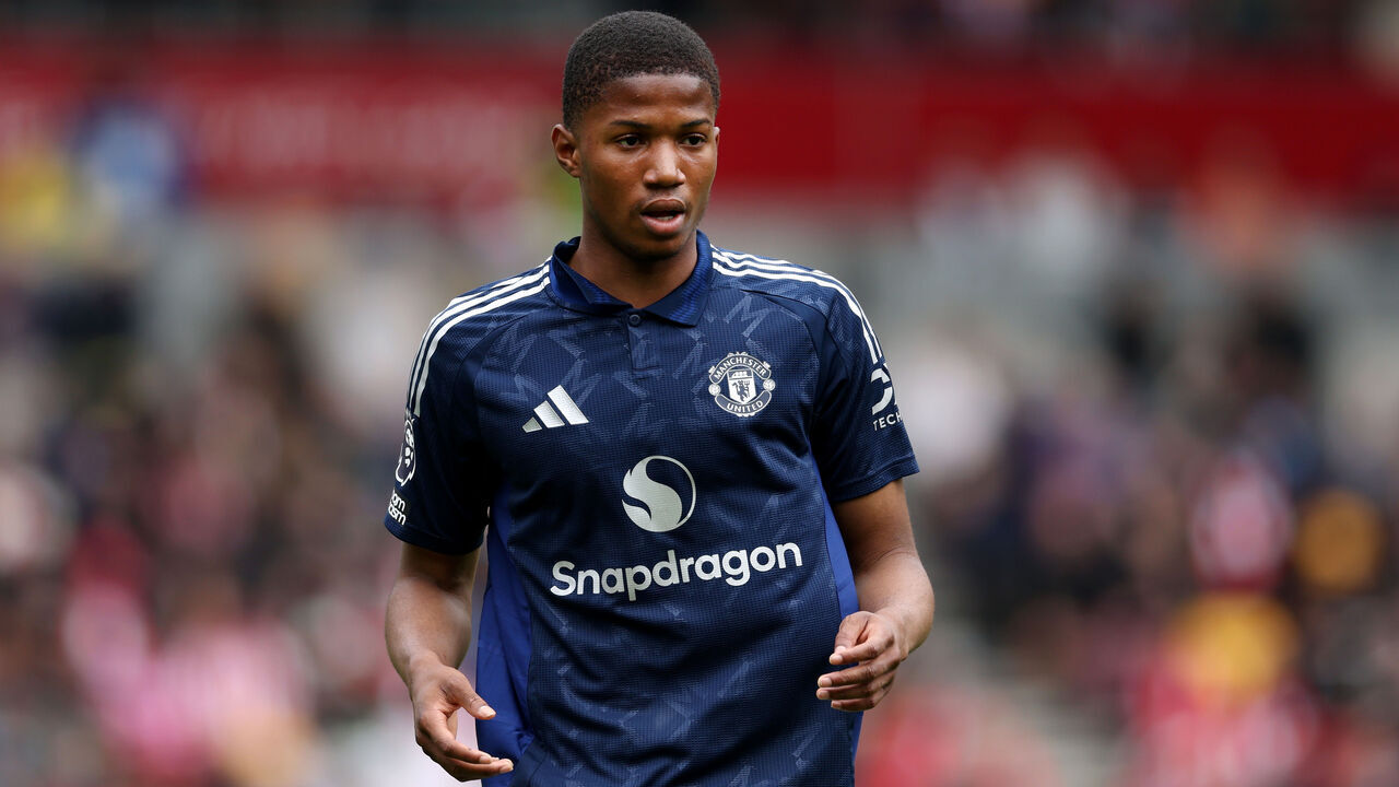 BRENTFORD, ENGLAND - MAY 04: Chido Obi-Martin of Manchester United looks on during the Premier League match between Brentford FC and Manchester United FC at Brentford Community Stadium on May 04, 2025 in Brentford, England.