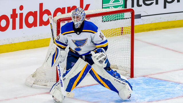 WINNIPEG, CANADA - APRIL 30: Goaltender Jordan Binnington #50 of the St. Louis Blues guards the net during third period action against the Winnipeg Jets in Game Five of the First Round of the 2025 Stanley Cup Playoffs at Canada Life Centre on April 30, 2025 in Winnipeg, Manitoba, Canada.
