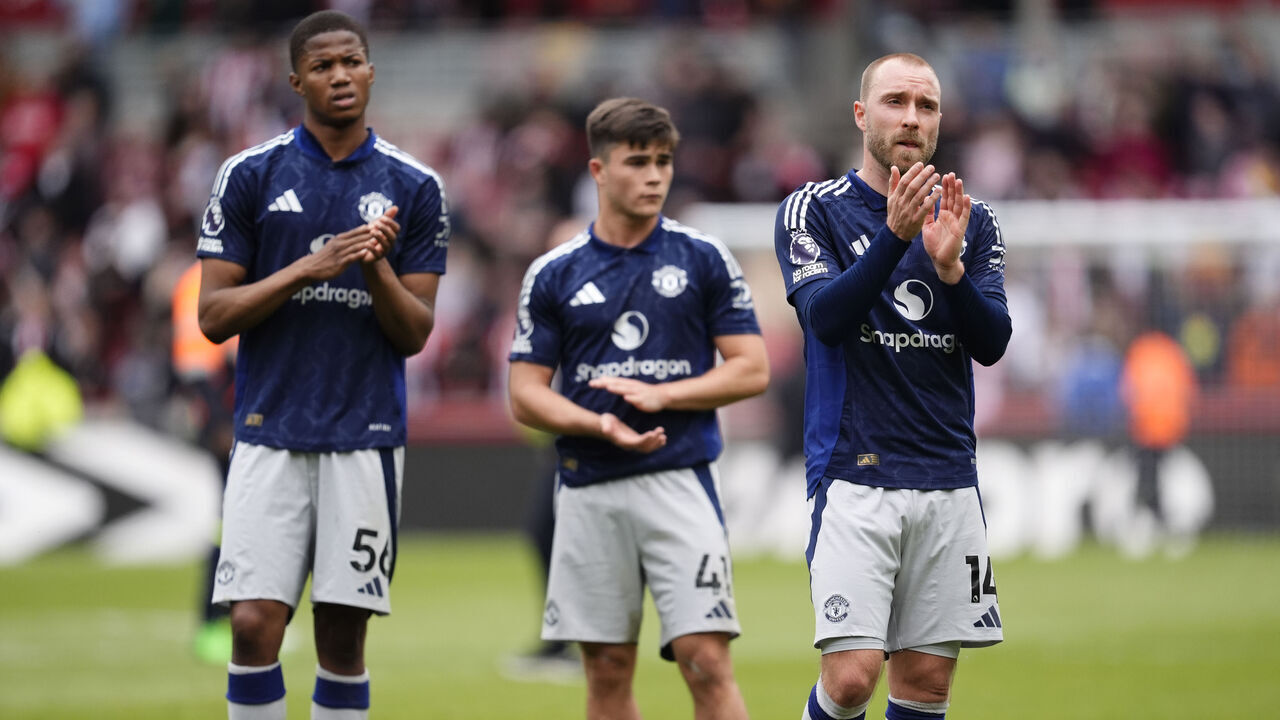 (left to right) Manchester United's Christian Eriksen, Chido Obi-Martin and Harry Amass after the Premier League match at the Gtech Community Stadium, London. Picture date: Sunday May 4, 2025.