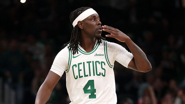BOSTON, MASSACHUSETTS - APRIL 20: Jrue Holiday #4 of the Boston Celtics celebrates after scoring against the Orlando Magic in Game One of the Eastern Conference First Round NBA Playoffs at TD Garden on April 20, 2025 in Boston, Massachusetts.