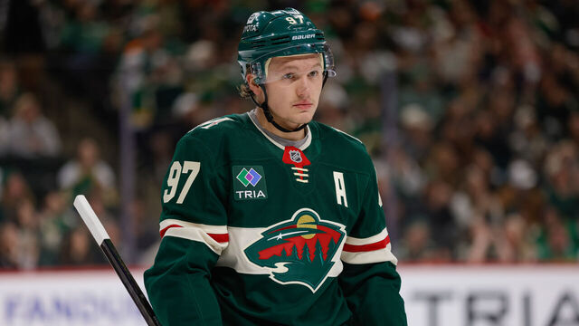 ST. PAUL, MN - APRIL 24: Minnesota Wild left wing Kirill Kaprizov (97) looks on during the first period in Game Three of the First Round of the 2025 Stanley Cup Playoffs between the Vegas Golden Knights and Minnesota Wild on April 24th, 2025, at the Xcel Energy Center in St. Paul, MN.