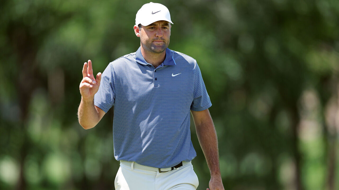 MCKINNEY, TEXAS - MAY 04: Scottie Scheffler of the United States reacts after putting for an eagle on the ninth green during the final round of THE CJ CUP Byron Nelson 2025 at TPC Craig Ranch on May 04, 2025 in McKinney, Texas.