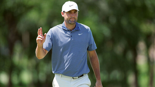 MCKINNEY, TEXAS - MAY 04: Scottie Scheffler of the United States reacts after putting for an eagle on the ninth green during the final round of THE CJ CUP Byron Nelson 2025 at TPC Craig Ranch on May 04, 2025 in McKinney, Texas.