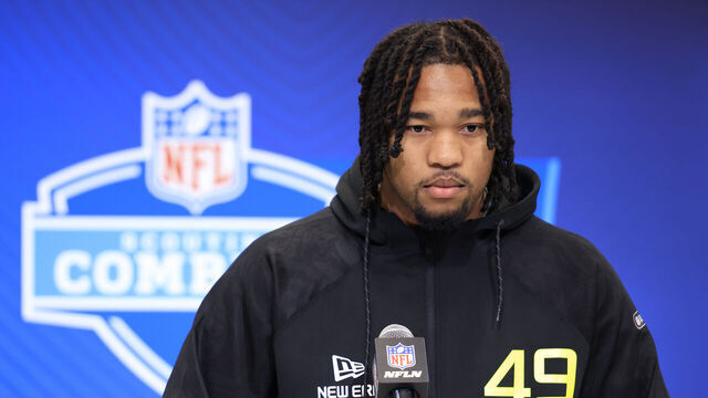 INDIANAPOLIS, INDIANA - FEBRUARY 26: Mike Green #DL49 of Marshall speaks to the media during the 2025 NFL Combine at the Indiana Convention Center on February 26, 2025 in Indianapolis, Indiana.