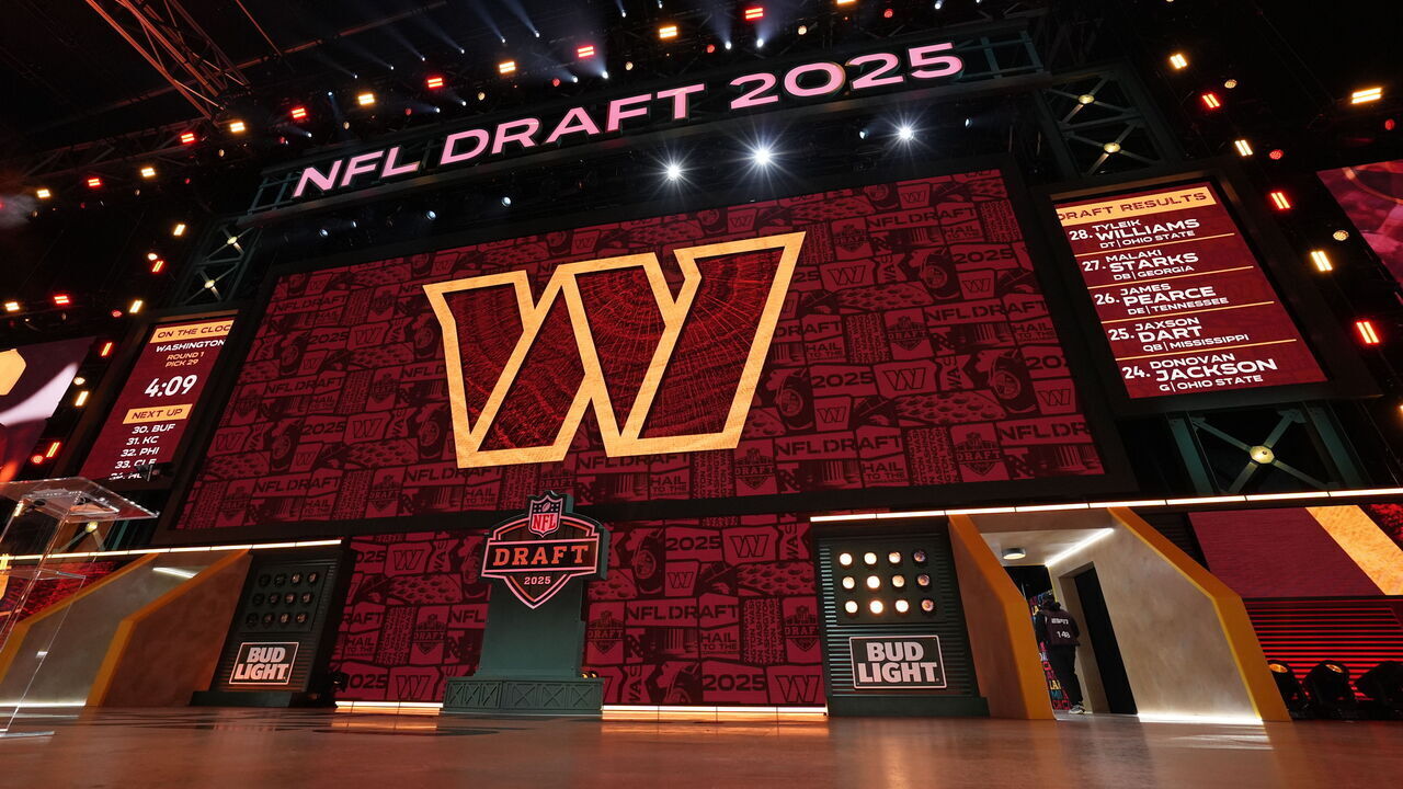 GREEN BAY, WISCONSIN - APRIL 24: A general view of the video board on stage with the Washington Commanders 29th pick during the first round of the 2025 NFL Draft on April 24, 2025 in Green Bay, Wisconsin.