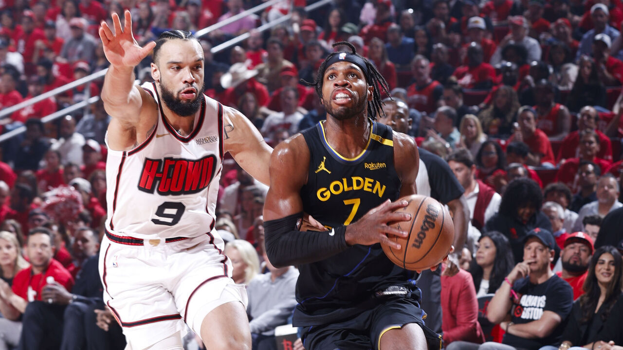 HOUSTON, TX - MAY 4: Buddy Hield #7 of the Golden State Warriors handles the ball during the game against the Houston Rockets during Round 1 Game 7 on May 4, 2025 at the Toyota Center in Houston, Texas. Mandatory Copyright Notice: Copyright 2025 NBAE
