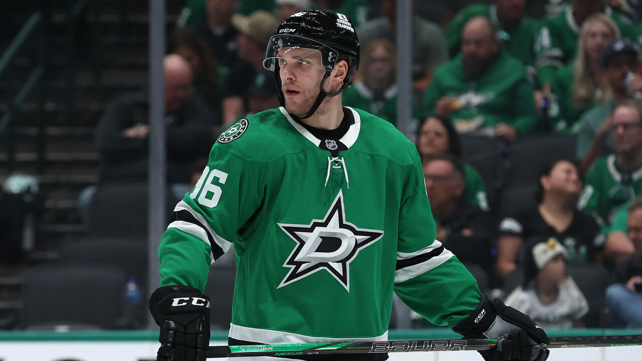 DALLAS, TEXAS - APRIL 12: Mikko Rantanen #96 of the Dallas Stars looks on during the second period against the Utah Hockey Club at American Airlines Center on April 12, 2025 in Dallas, Texas.