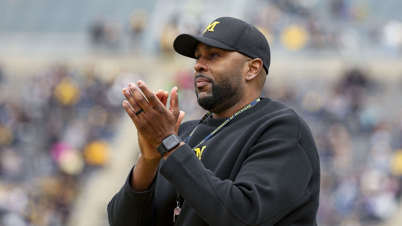 ANN ARBOR, MICHIGAN - APRIL 19: Head coach Sherrone Moore of the Michigan Wolverines looks on during the first half of the Maize vs Blue spring football game at Michigan Stadium on April 19, 2025 in Ann Arbor, Michigan.