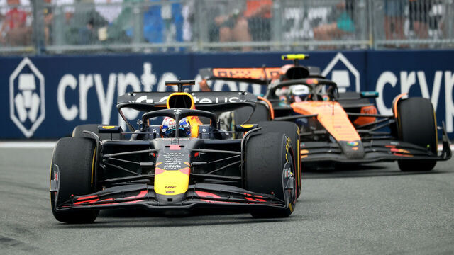 MIAMI, FLORIDA - MAY 04: Max Verstappen of the Netherlands driving the (1) Oracle Red Bull Racing RB21 leads Lando Norris of Great Britain driving the (4) McLaren MCL39 Mercedes on track during the F1 Grand Prix of Miami at Miami International Autodrome on May 04, 2025 in Miami, Florida.