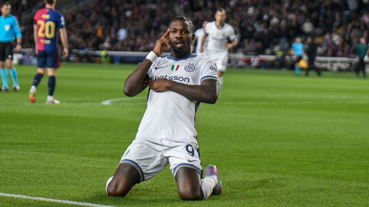 Marcus Thuram of Inter celebrates scoring during Round 1 of the Semifinal, UEFA Champions League 24/25, at Stadio Olimpico Lluis Companys in Barcelona, Spain.