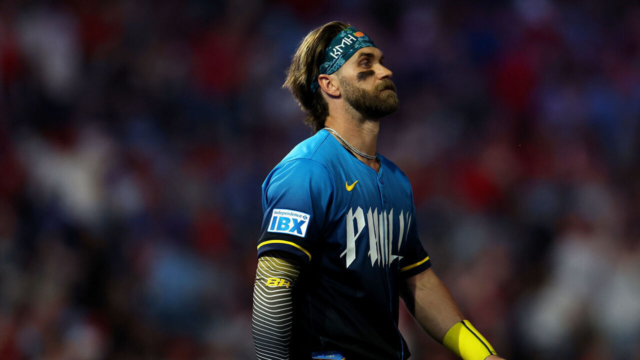 PHILADELPHIA, PENNSYLVANIA - MAY 02: Bryce Harper #3 of the Philadelphia Phillies looks on during a game against the Arizona Diamondbacks at Citizens Bank Park on May 02, 2025 in Philadelphia, Pennsylvania.
