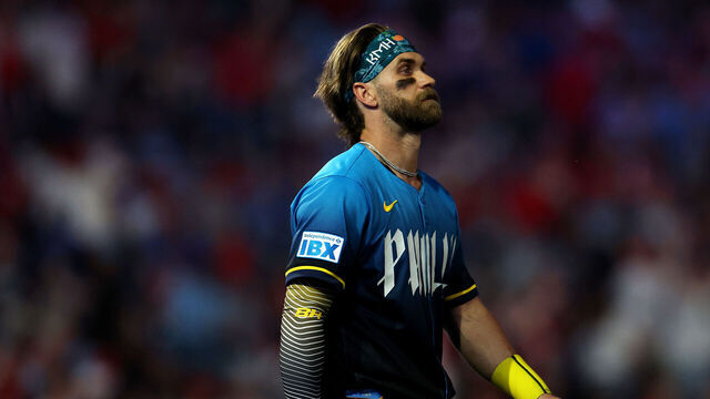 PHILADELPHIA, PENNSYLVANIA - MAY 02: Bryce Harper #3 of the Philadelphia Phillies looks on during a game against the Arizona Diamondbacks at Citizens Bank Park on May 02, 2025 in Philadelphia, Pennsylvania.